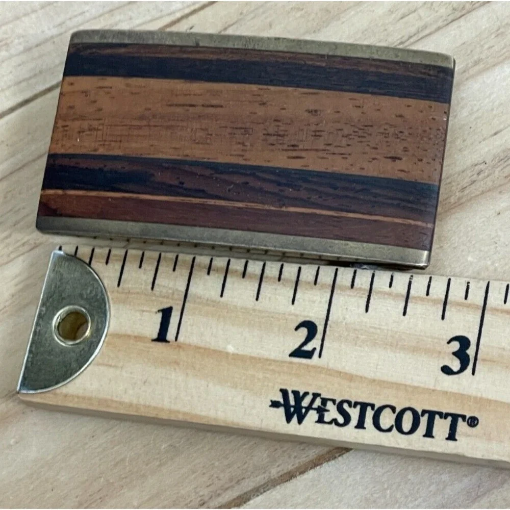 Vintage Kenneth Reid Belt Buckle Inlaid Wood Brass Inlay Boho 1970s 70s Signed